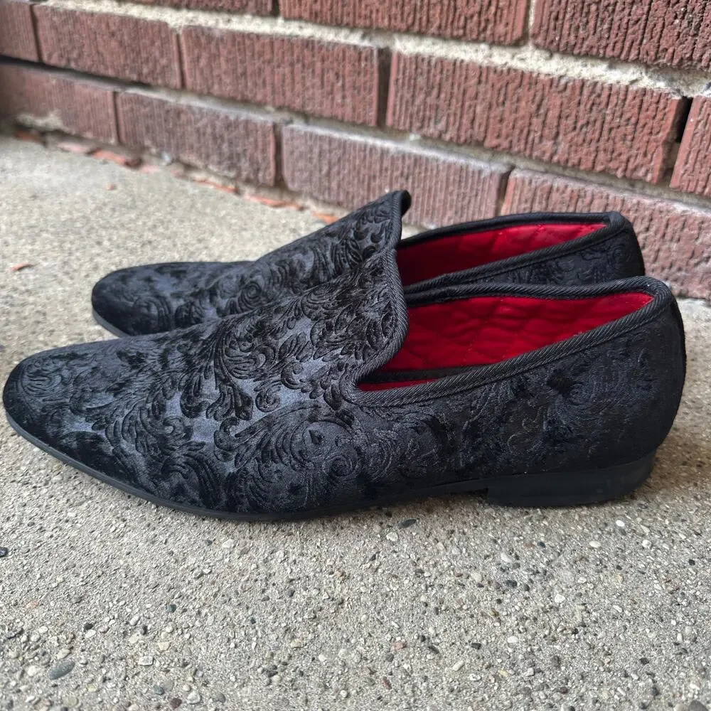 La Milano Black Velvet Brocade Smoking Loafers Broderick II Men's UK Sz 10 US 11